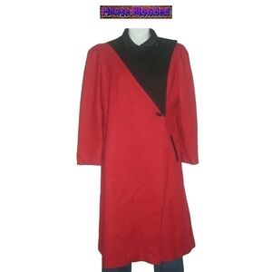 HRL Fashions Vintage 70's Long Red Wool Coat Unique Black Buttons Princess Di L